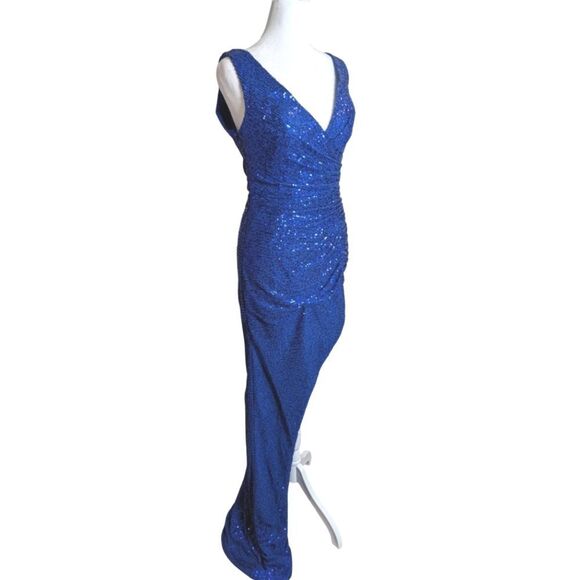 Ieena For Mac Duggal Cobalt Blue Sequin Draped Hi-lo Assymetrical Gown Dress 8 - Picture 3 of 7